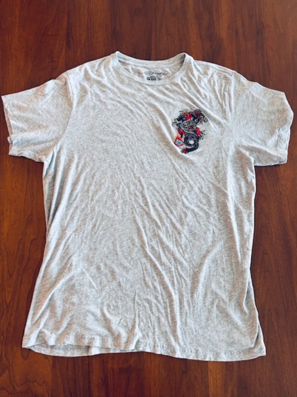 Vintage Ed Hardy Tee - Grey Heathered Dragon Chest Logo, Men's 2X